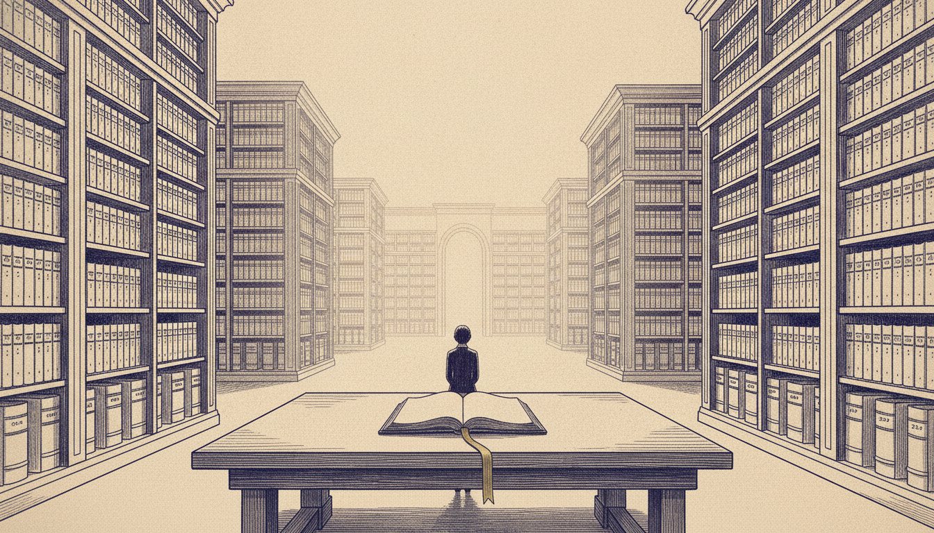 Archivo luminoso de libros de registro con uno abierto y un marcador dorado