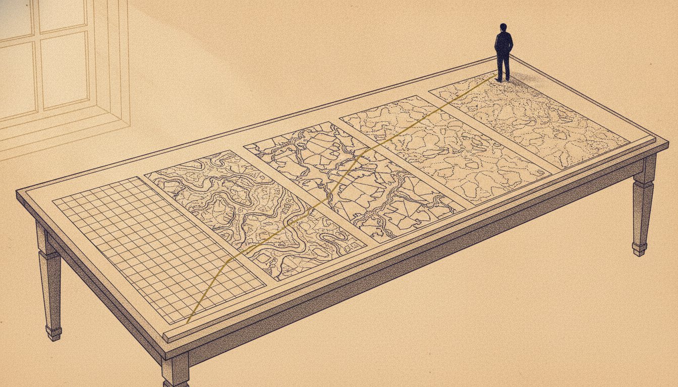 Cuatro hojas de papel de calco superpuestas sobre una mesa de dibujo, cruzadas por una línea dorada